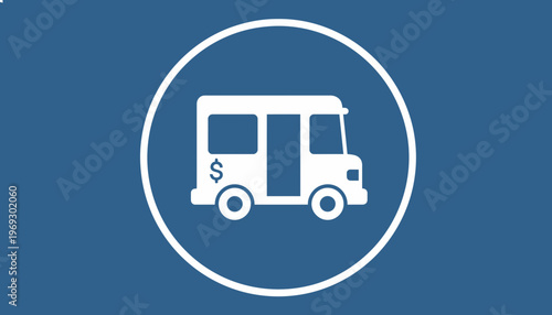 White food truck icon with dollar sign inside a circle on a blue background