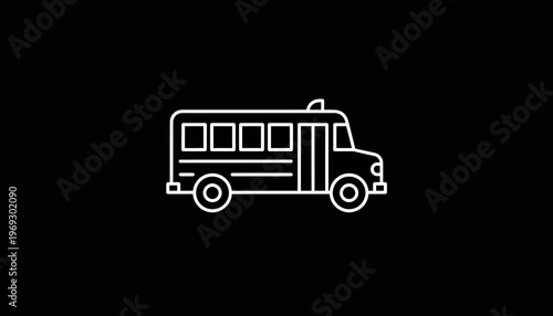 White school bus icon on black background, simple line art, transportation concept
