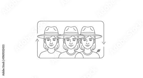 Three identical women in hats, repeating pattern, loop, cloning, individuality, diversity, teamwork, unity, community