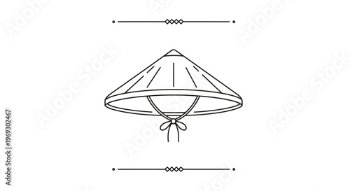 Traditional Asian conical hat, also known as a rice hat or farmer's hat, line art illustration.