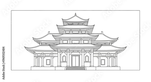 Traditional Asian Pagoda Architecture Outline Drawing, East Asian Temple Building Facade