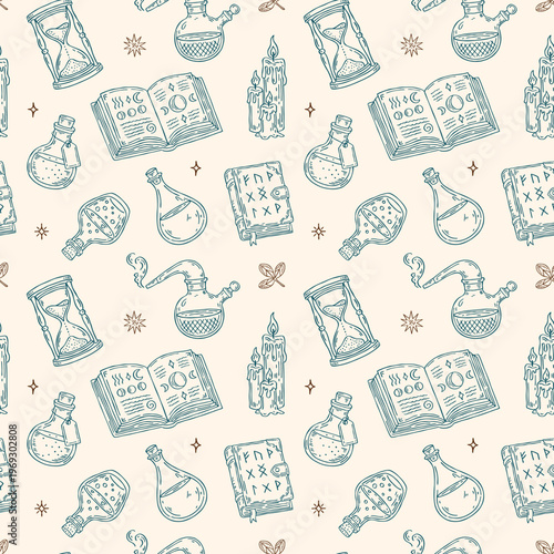 Vintage mystical alchemy seamless pattern with potions, flasks, candles, spellbook and stars. Perfect for magical and nature-inspired projects in hand-drawn vector outline style