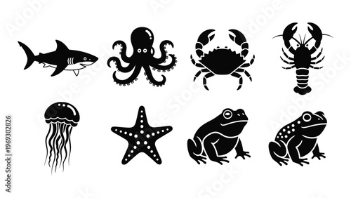A collection of marine and amphibian life forms are depicted in a stark black graphic arrangement silhouette high quality professional detailed