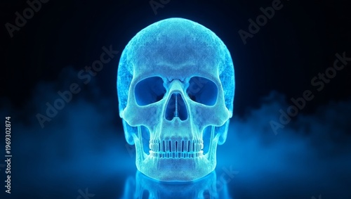 Glowing Blue Wireframe Skull with Fog human skull