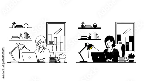 Woman Working on Laptop at Desk in Home Office Workspace Illustration 