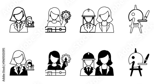 Set of Professional Career Icons for Women in Engineering, Art, Design, and Construction