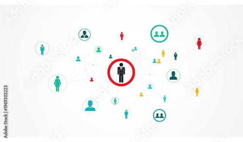 Connected business people network with highlighted leader human icons representing teamwork society and organizational structure vector
