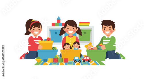 Three happy children are sitting on a colorful play mat and organizing various toys like blocks and dolls into bright storage bins.