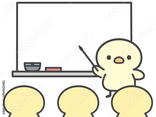 ホワイトボードで説明するひよこの手書きイラスト