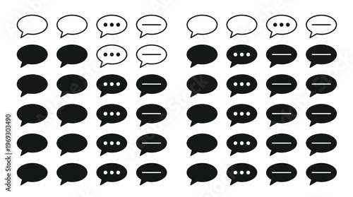 Grid of black and outline speech bubble icons representing conversation and messaging concepts for graphic design and UI projects.