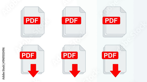Six PDF document icons: three standard PDF badges and three download-ready PDF icons with red download arrows