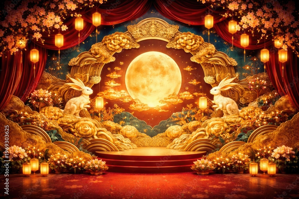 Obraz premium Mid Autumn Festival stage featuring gold paper cut art with traditional Asian motifs on vibrant background