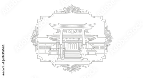 Traditional Japanese Shrine Gate and Building Line Art Illustration