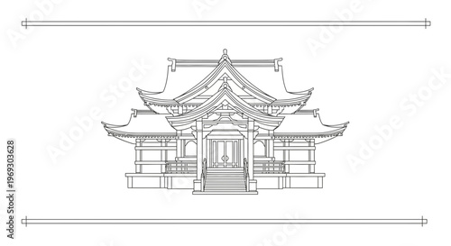 Traditional Japanese Temple Architecture Blueprint Drawing