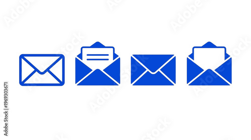 Set of four blue envelope icons representing email, mail, and messaging in a flat design for UI and web use
