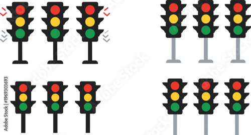 Set of Traffic Light Icons Featuring Red, Yellow, and Green Signals for Road Safety and Transportation Designs