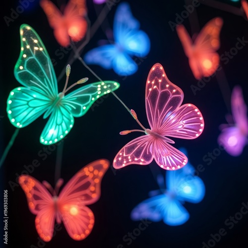 Glowing Butterflies in Various Colors on Black Background