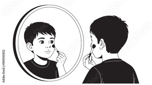 Curious young boy looking at his reflection in a round mirror, applying blush with a makeup brush, exploring self-expression and beauty rituals.
