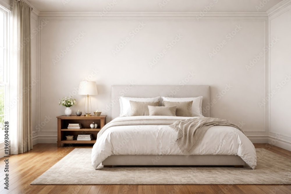 Fototapeta premium Elegant bedroom interior with hardwood floor and white bed featuring a side bookshelf and lamp copy space wall mockup