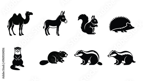 A collection of various animal shapes are displayed in a stark black and white arrangement featuring a distinct silhouette high quality