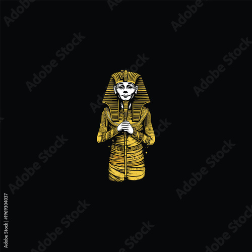 Golden Egyptian pharaoh mummy illustration in vintage hand-drawn style isolated on black background.