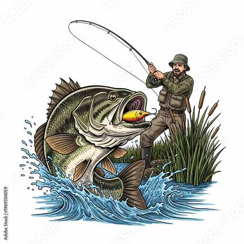 Bass fishing illustration with angler and reeds isolated on white background.