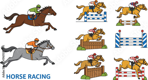 "Set of Vector Illustrations Featuring Horse Racing, Jockeys, and Jumping Horses for Sports and Equestrian Designs"
