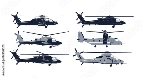 Military helicopter vector set collection, combat chopper silhouette isolated on white background.