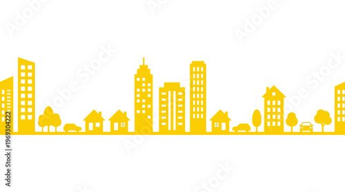 Yellow city skyline silhouette vector illustration featuring buildings, trees and houses in a flat minimalist style