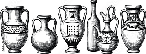 Hand-Drawn Vintage Pottery and Amphorae Vector Set with Decorative Greek and Roman Styles for History, Archaeology, and Cultural Designs