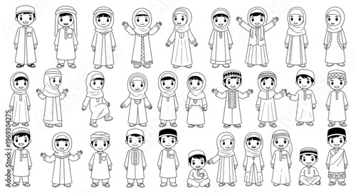Collection of Cartoonish Arab Boys in Traditional Attire.