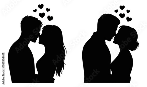 Two people holding colorful heart balloons in silhouette isolated on transparent background