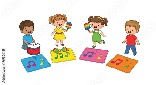 Four happy children are having fun playing with musical instruments like drums and maracas on colorful mats with musical notes in a classroom.