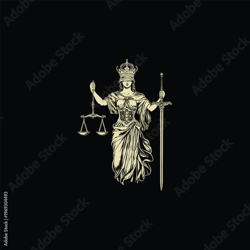 Vintage Lady Justice illustration holding scales and sword wearing a crown on black background.