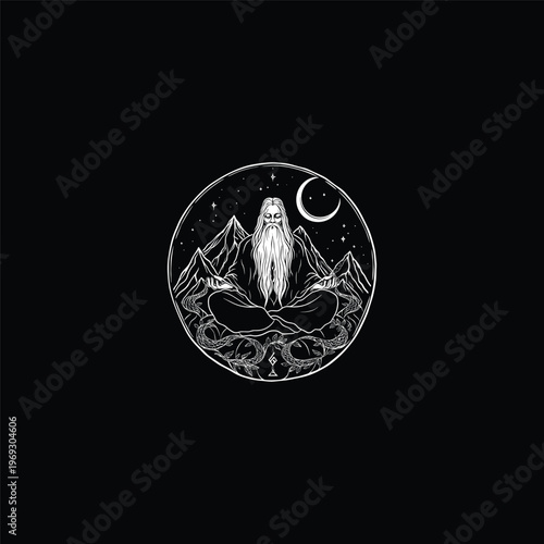 Mystical hand-drawn circular illustration of a bearded wise man or hermit meditating in a lotus position, set against a mountain landscape with a crescent moon and stars on a black background.