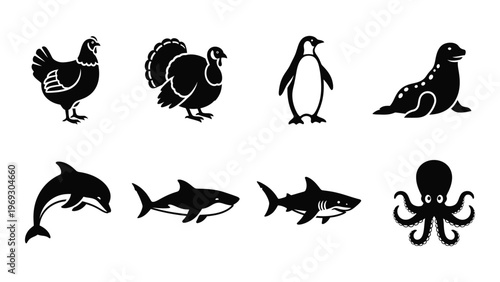 A collection of black silhouettes depicting various birds and marine animals against a white background silhouette high quality professional detailed modern