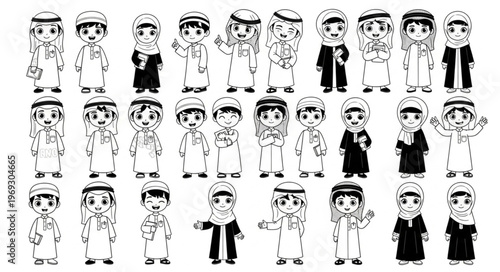 Collection of Cartoonish Arab Children in Traditional Attire.