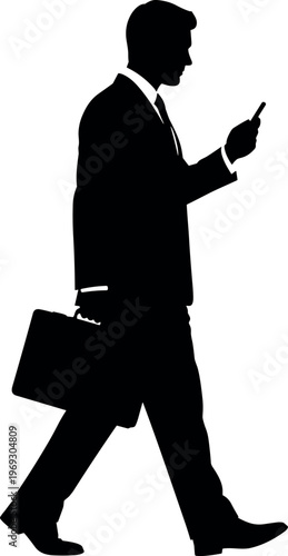 Professional businessman in suit walking with briefcase while using smartphone, isolated black silhouette of corporate executive on white background.