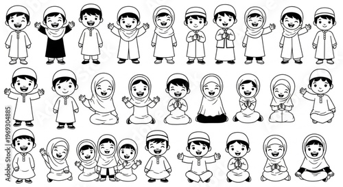 Collection of cartoon children in traditional Islamic attire, line art.