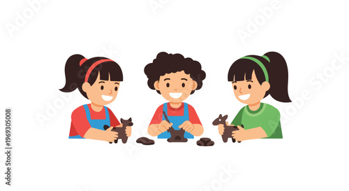 Three happy children are sitting together and creating various animal shapes out of dark clay during an engaging and creative art class activity.