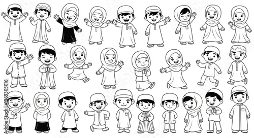 Collection of cartoon children in traditional Islamic clothing.