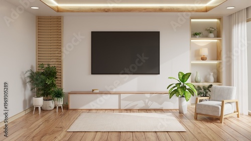 Modern living room interior with blank TV screen mockup and armchair.3d rendering.