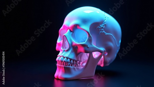 Human skull illuminated with pink and blue neon lights