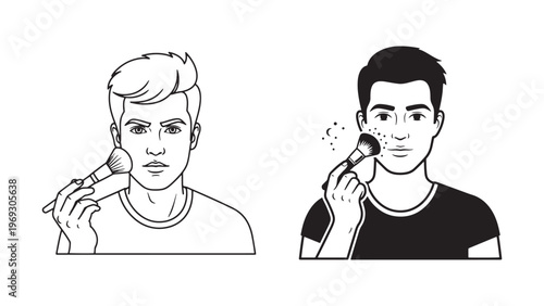 Modern Young Men Applying Face Powder with a Makeup Brush, Illustrating Male Grooming, Beauty, and Self-Care Routines in a Clean, Minimalist Style.