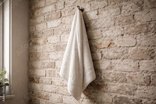 White towel hanging on hook against textured brick wall indoors