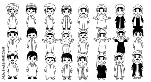 Collection of cartoon illustrations depicting various Arab children in traditional attire.