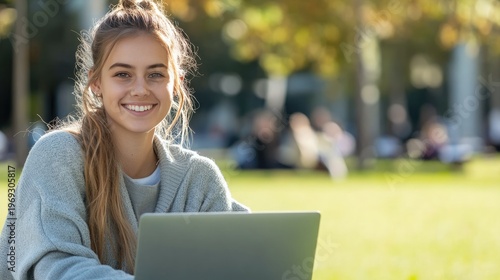 A young woman smiling while using a laptop in a park
