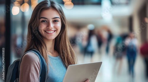 A young woman with a backpack and tablet smiles in a bustling university hallway