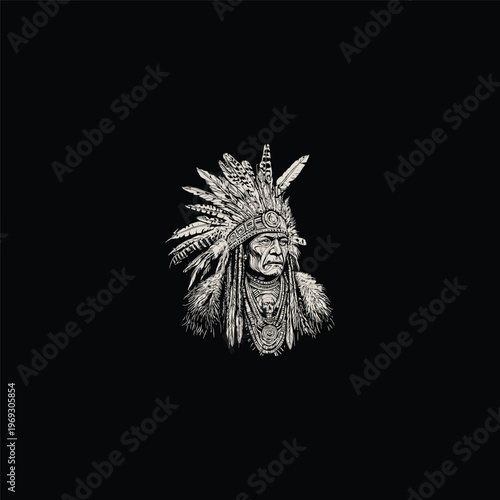 Vintage hand-drawn portrait of a Native American chief wearing a traditional feathered headdress and ethnic accessories isolated on black background.
