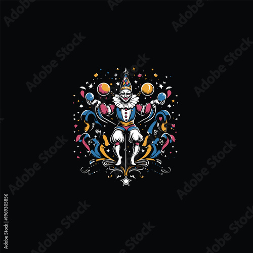 Vintage hand drawn illustration of a joyful clown celebrating with balloons, stars, and colorful confetti on a dark background.